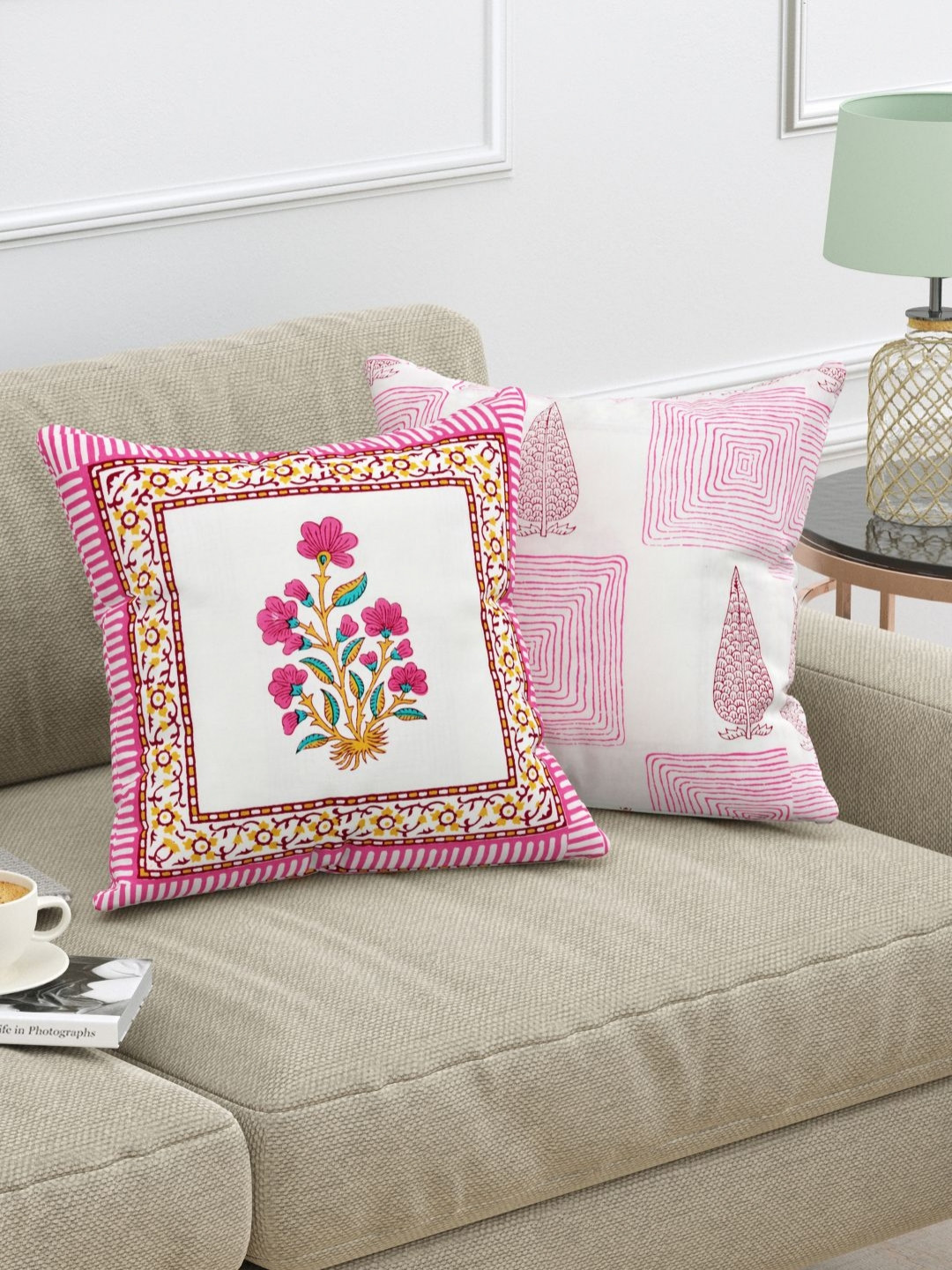 BLOCKS OF INDIA Pink & White 2 Pieces Ethnic Motifs Printed Cotton Square Cushion Covers