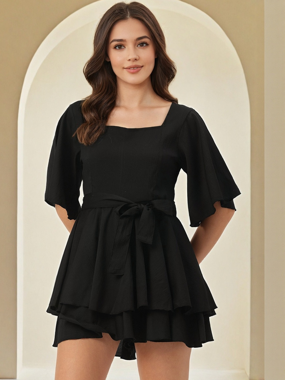 SZN Women Black Square Neck Belt Detail Jumpsuit