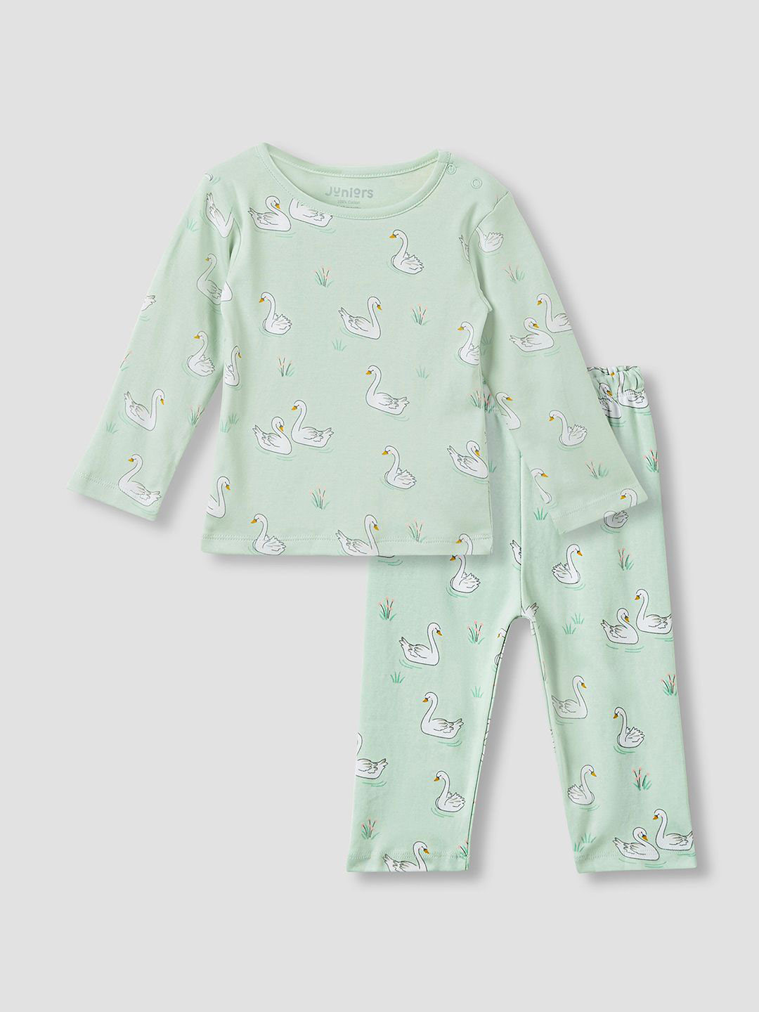 Juniors by Babyshop Girls Swan Printed Round Neck Pure Cotton T-Shirt With Pyjama