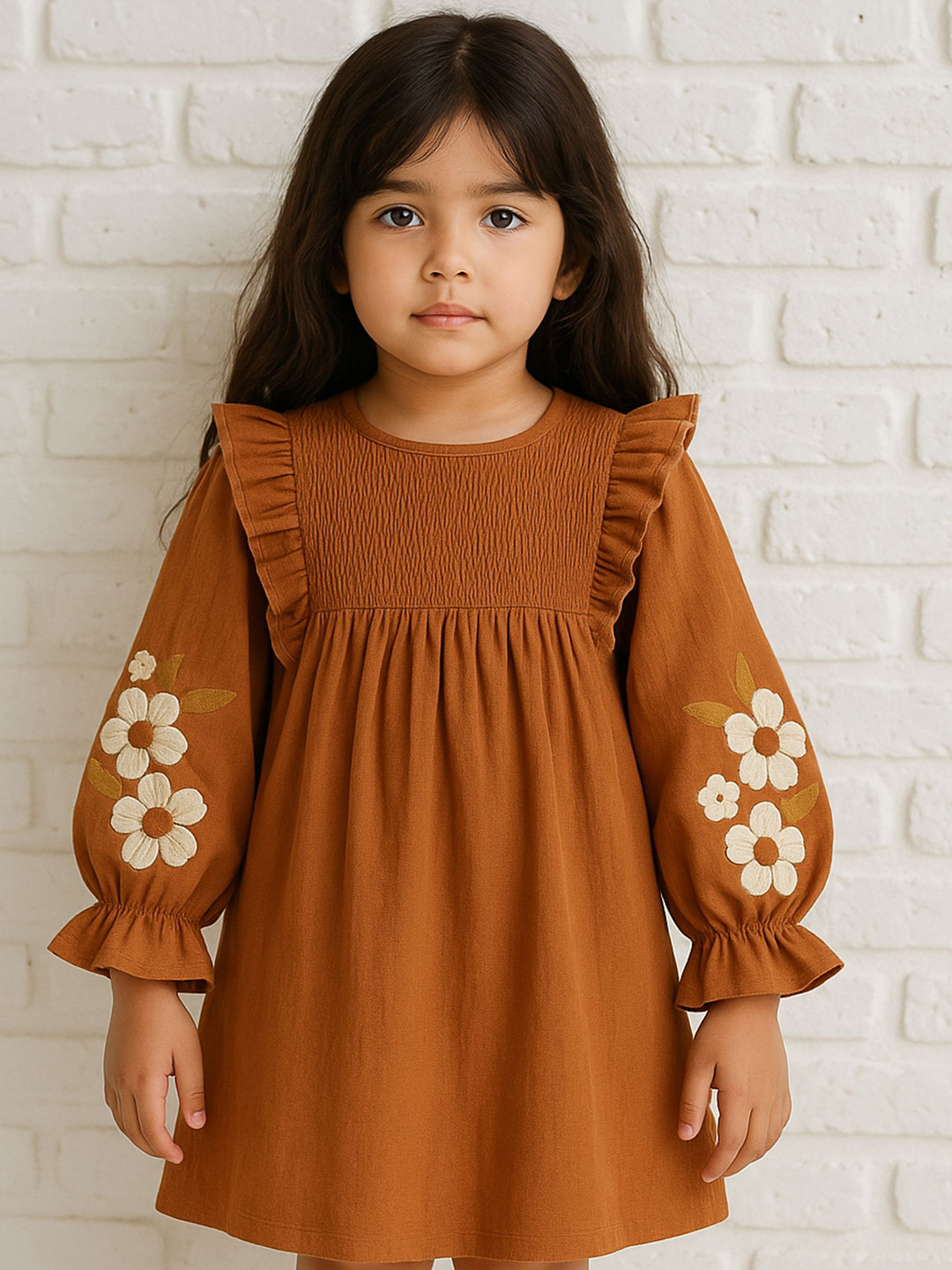 Le Nino Girls Embroidered Puff Sleeve A-Line Cotton Midi Dress