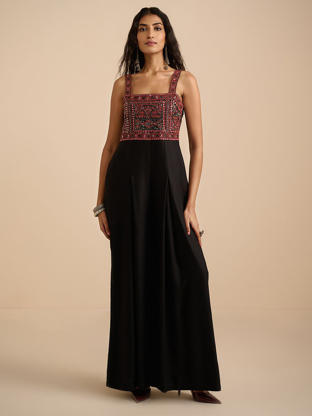 Global Desi Women Self Design Basic Jumpsuit With Embroidered