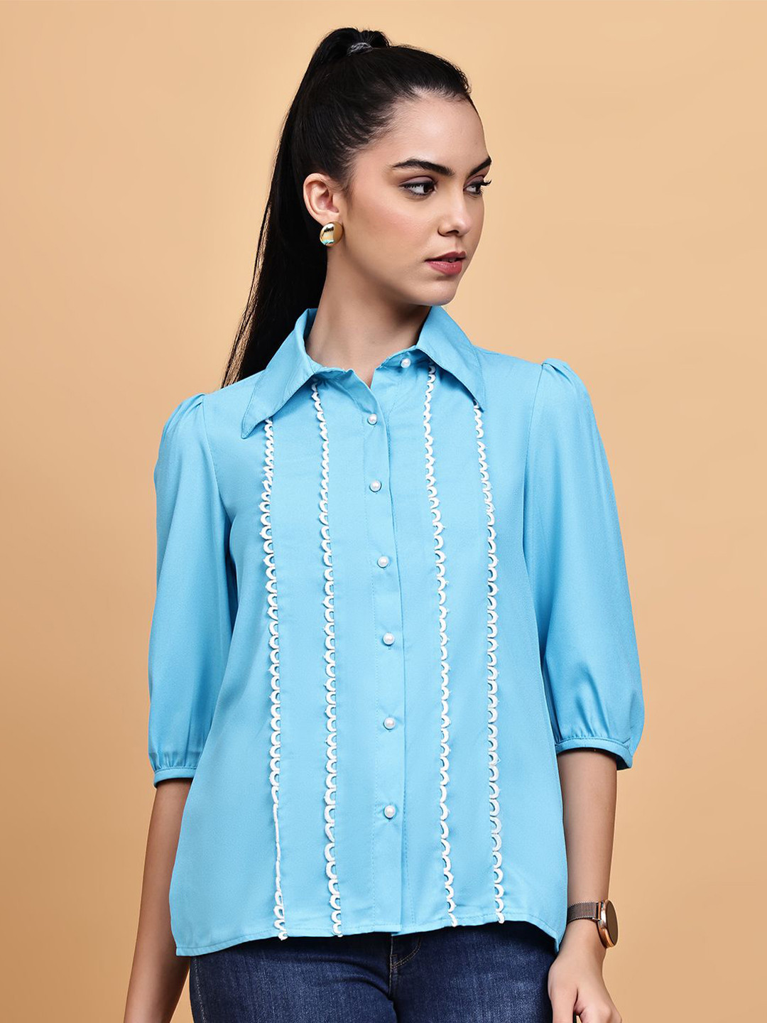 BLANC9 Lace Inserts Puff Sleeves Casual Shirt