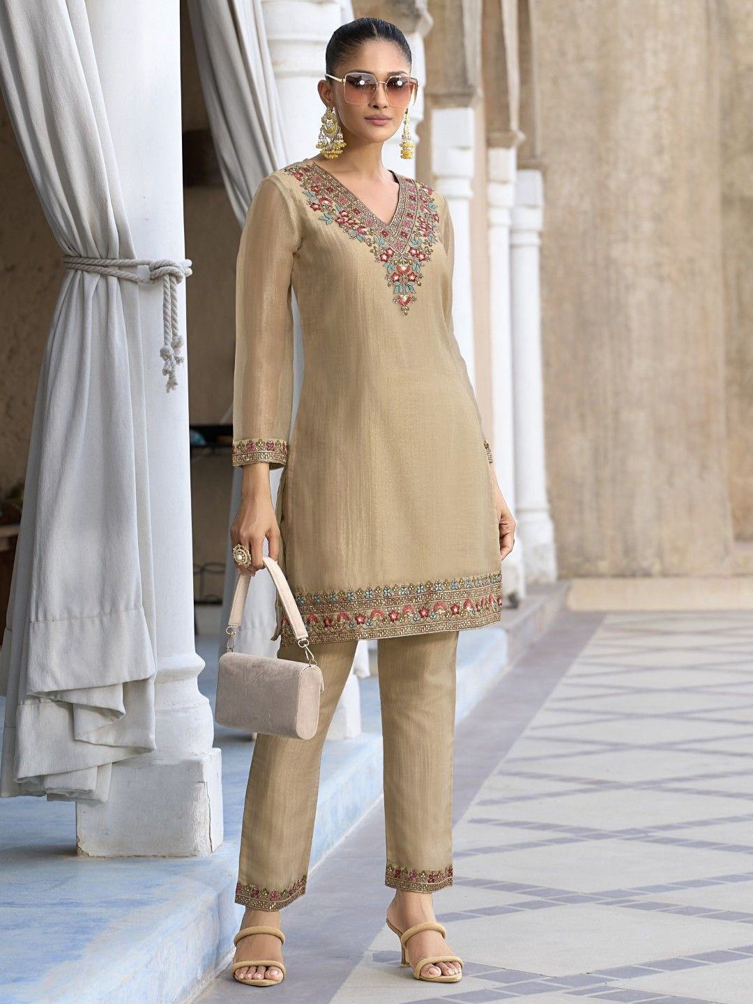 AUTUMN LANE Rajshree Embroidered V-Neck Tunic With Trousers Co-Ords