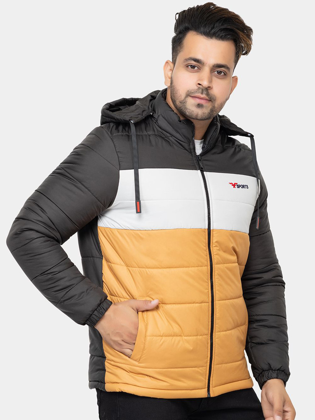 STYLOPLEX Colourblocked Hooded Puffer Jacket