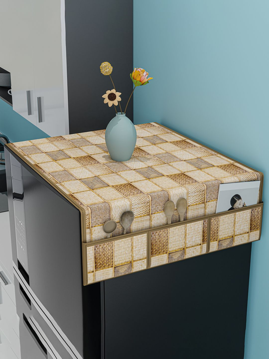 Kuber Industries White & Brown Chatai Printed Fridge Top Cover