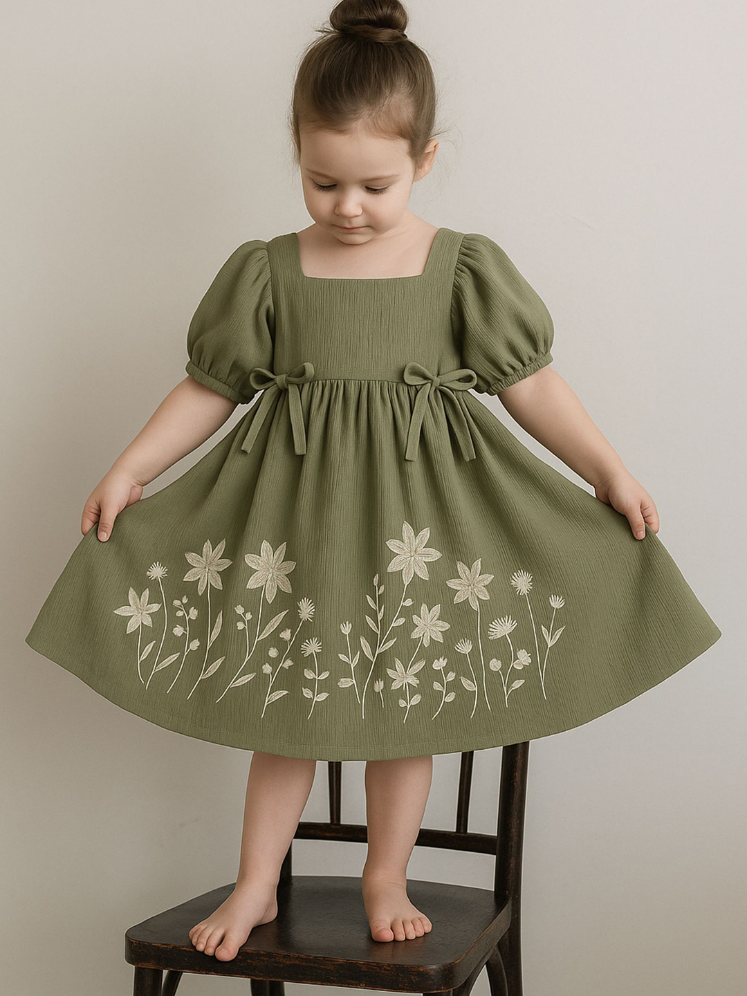 Le Nino Girls Floral Embroidered Puff Sleeve Crepe A-Line Midi Dress