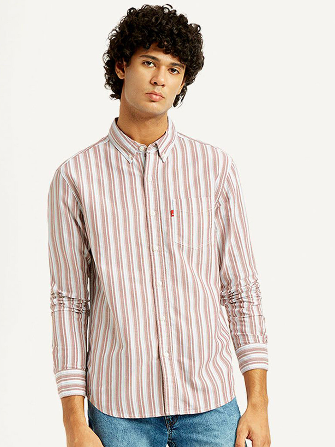 Levis Classic Vertical Striped Button-Down Collar Cotton Slim Fit Casual Shirt