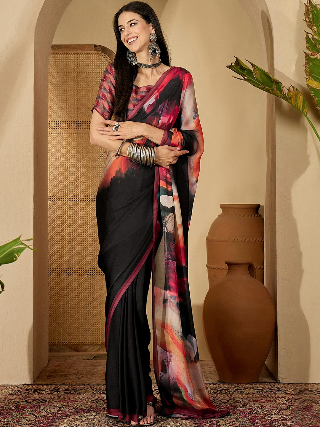 Sangria Black Satin Printed Sarees