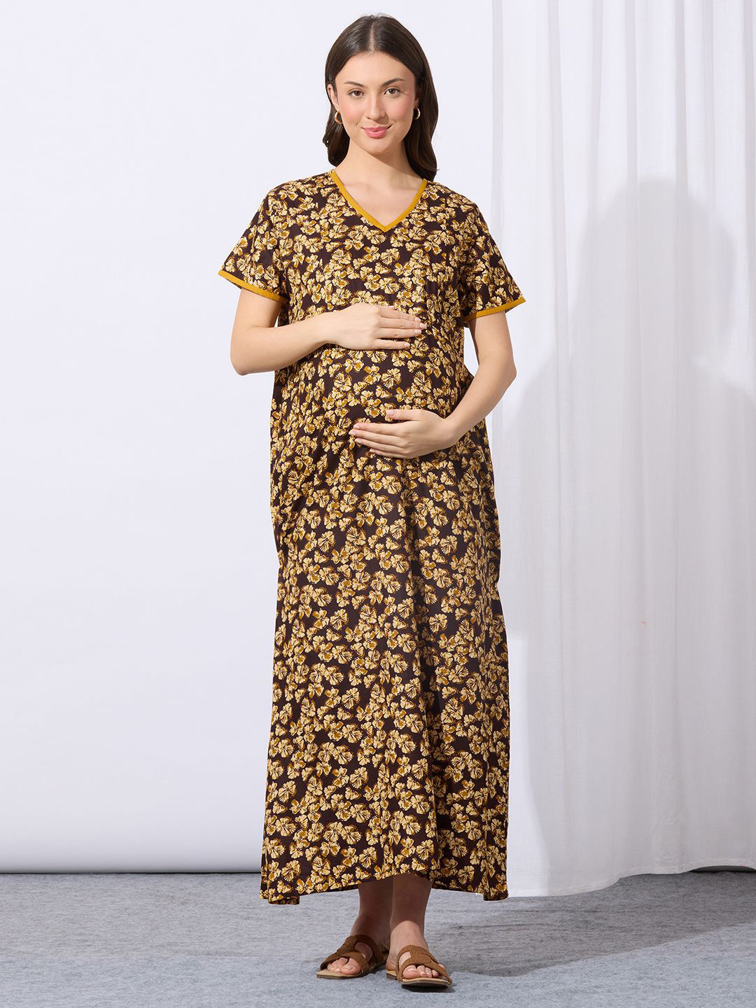 MomToBe Women Cotton Chestnut Brown Feeding Nightdress