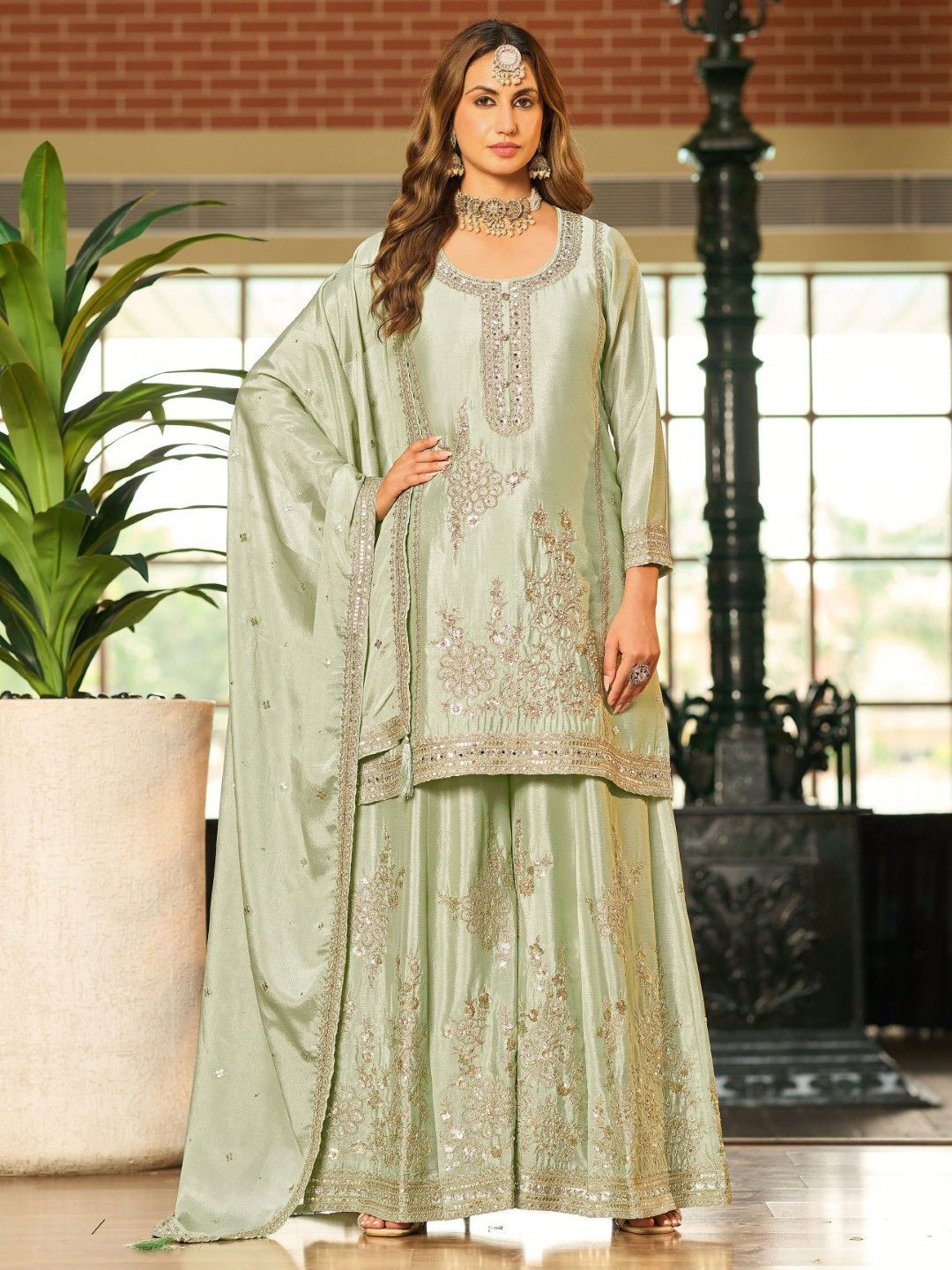 AUTUMN LANE Tasuvre Fern Floral Embroidered Thread Full Work Kurta With Sharara & Dupatta