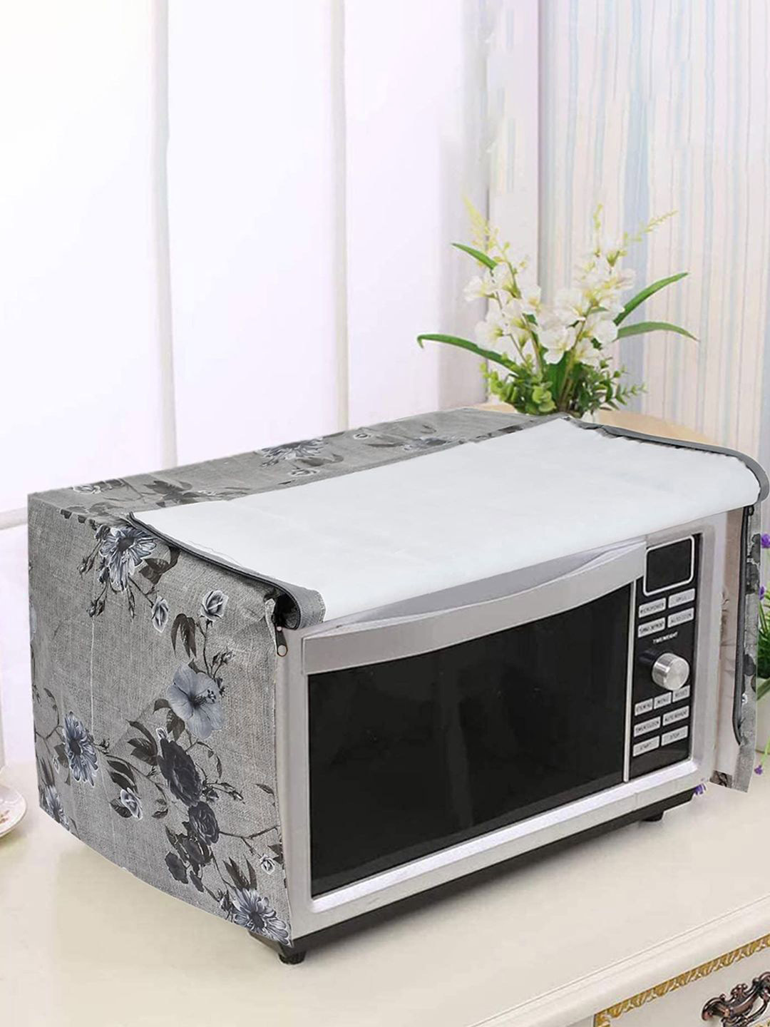 Kuber Industries White & Grey Printed Dustproof Microwave Oven Cover For 23L