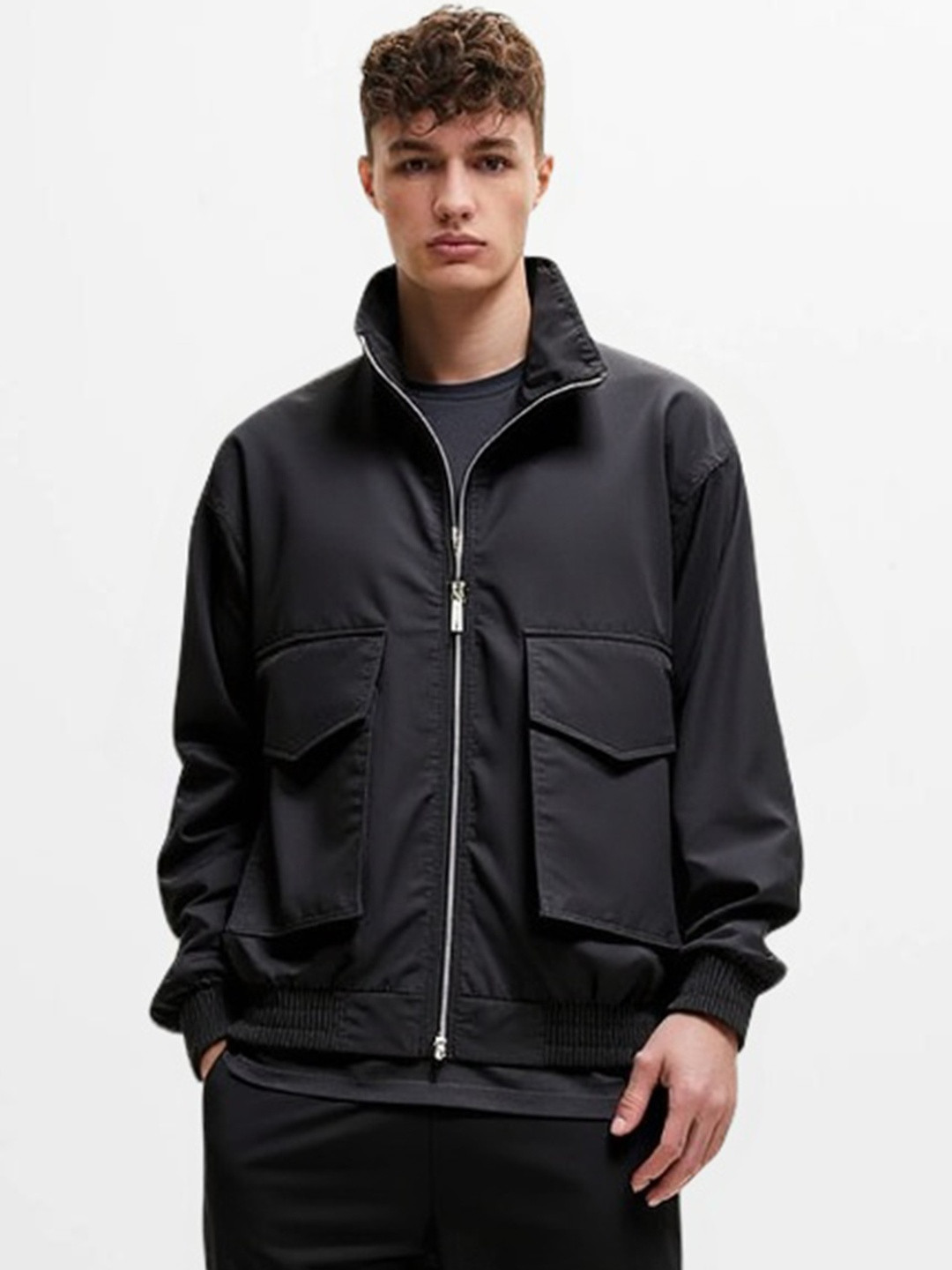 HERE&NOW Men Polyester Stand Collar Bomber Jacket
