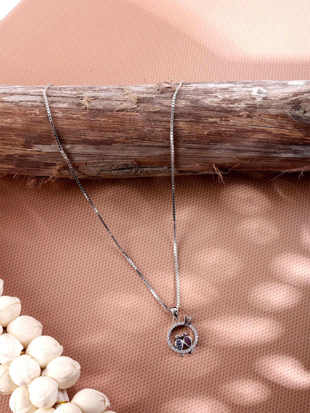 DIAVO 925 Sterling Silver Rhodium-Plated Zircon-Studded The Amour Aviary Pendant & Chain