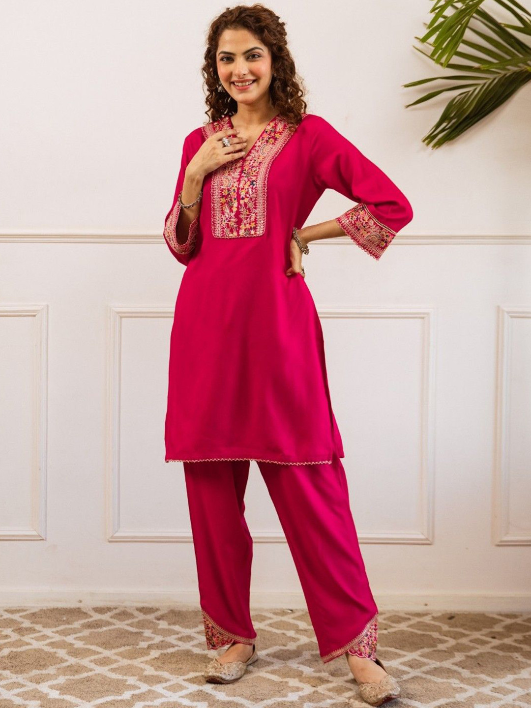 AUTUMN LANE Kabool Cameo Embroidered Pure Cotton Tunic With Trousers Co-Ords