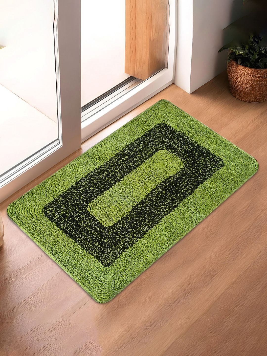 Aura Green & Black Square Design Cotton Anti-Skid & Water Absorbent Entrance Doormats