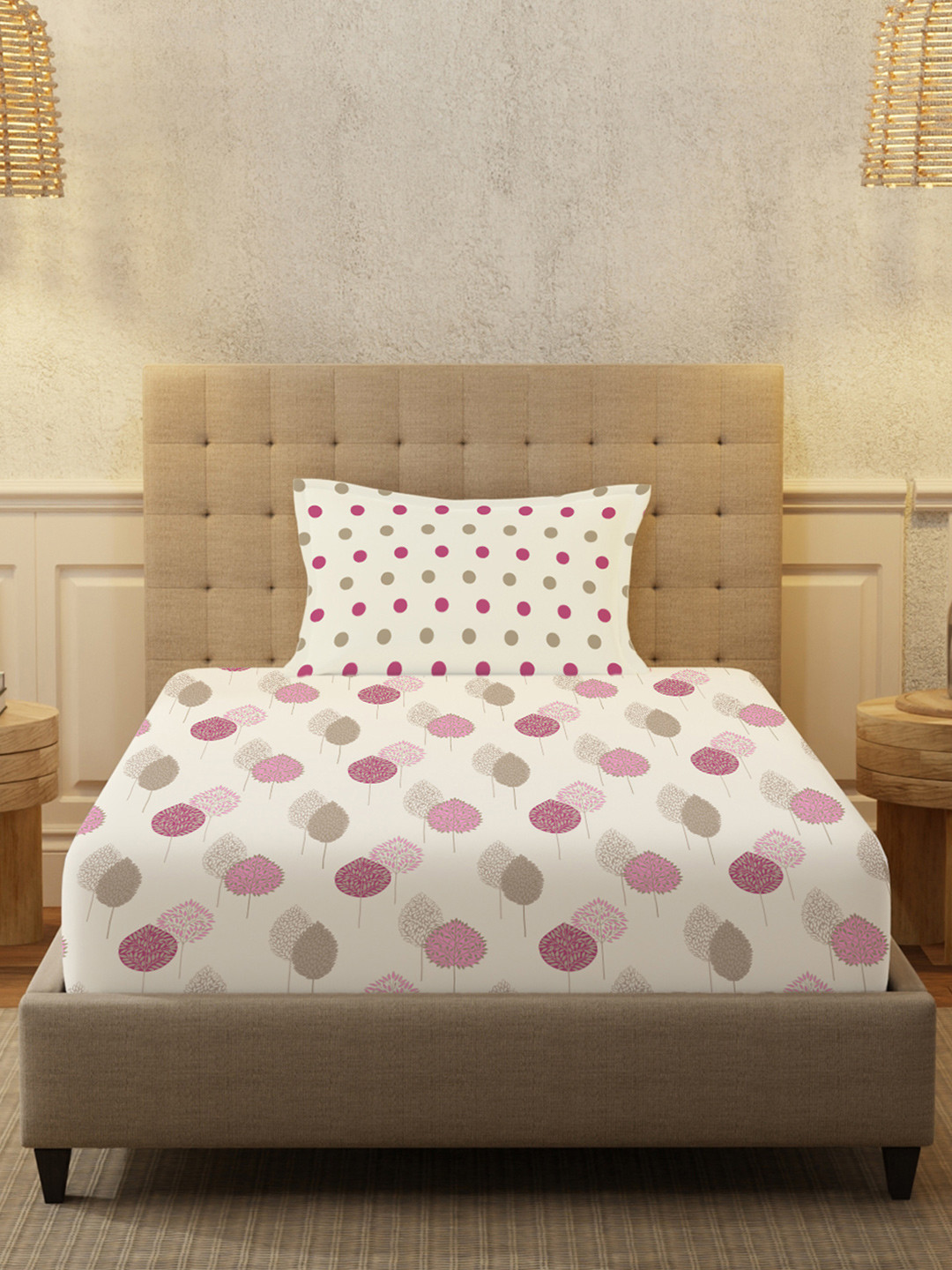 URBAN SPACE Serene Off White & Pink Geometric Cotton 200TC Single Bedsheet Set-1.47mx2.28m