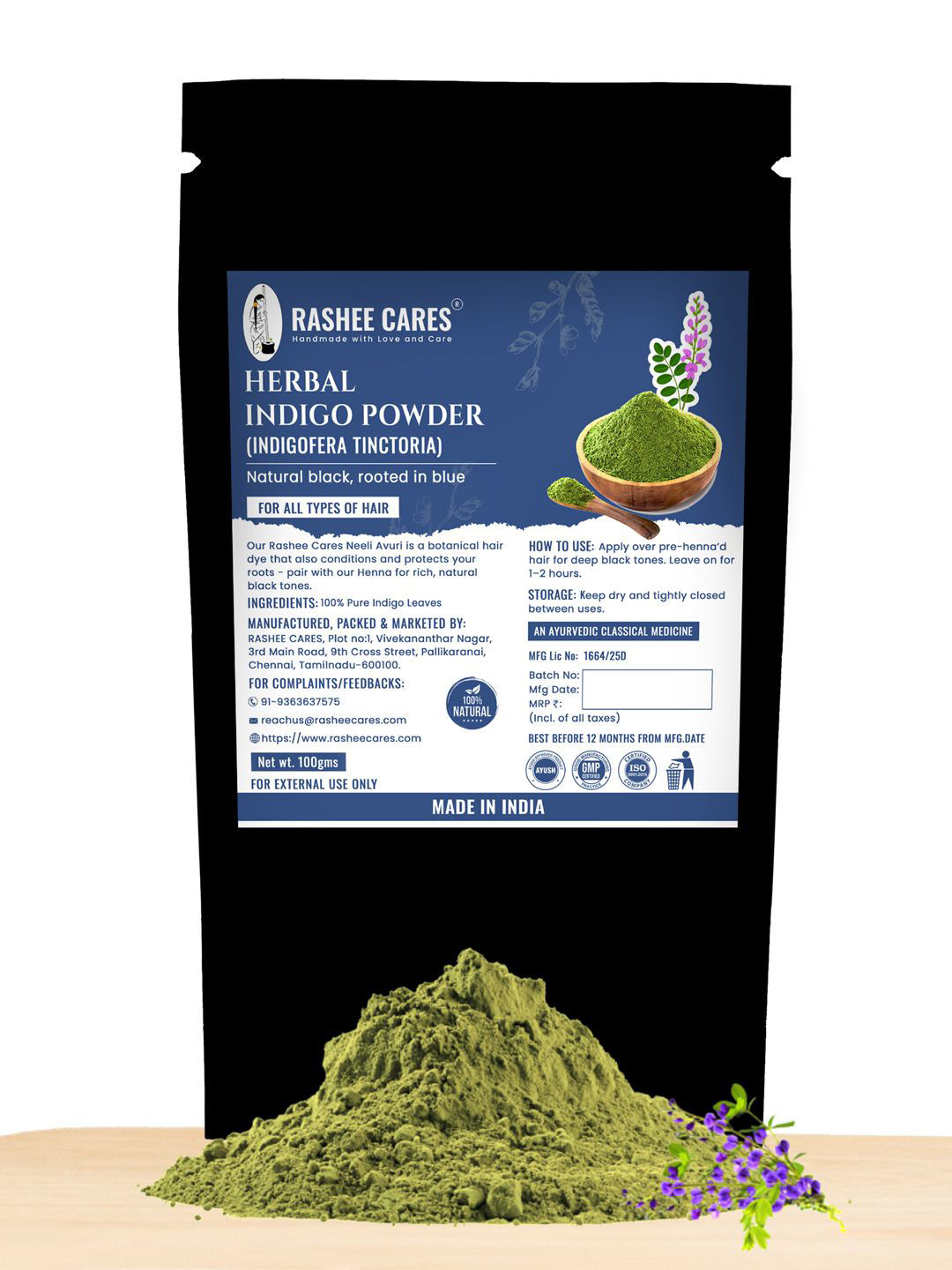 RASHEE CARES Herbal Indigo Powder - 100 g - Bluish