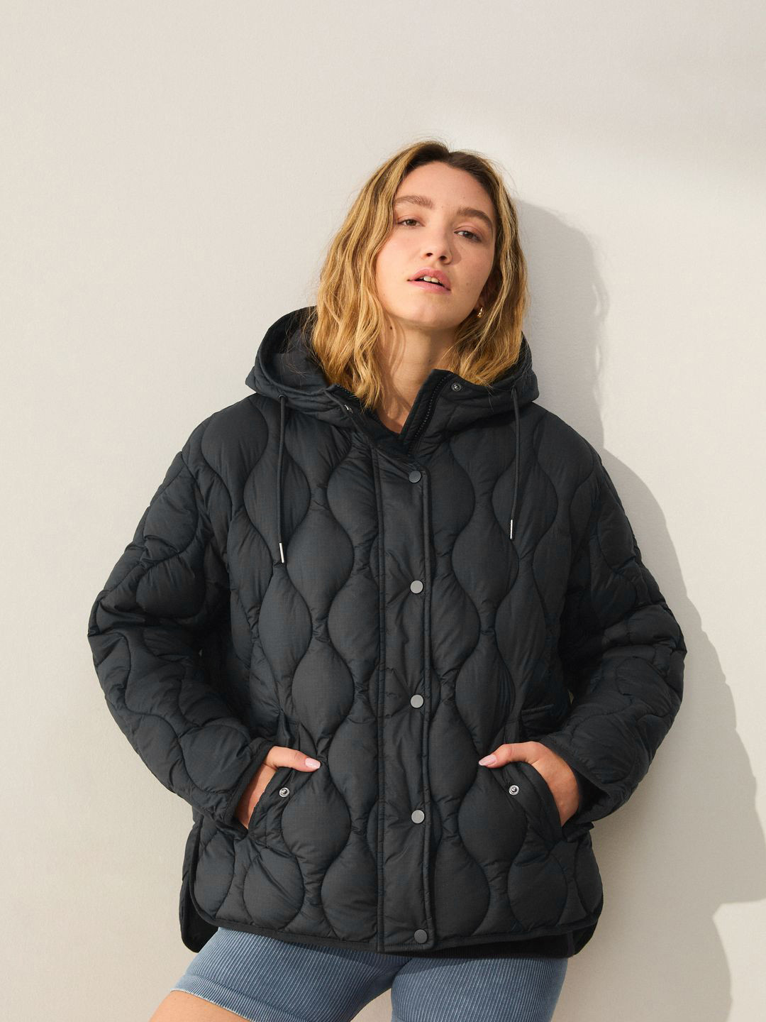 NEXT Hooded Lightweight Drop-Sleeves Quilted Jacket with High-Low Hem