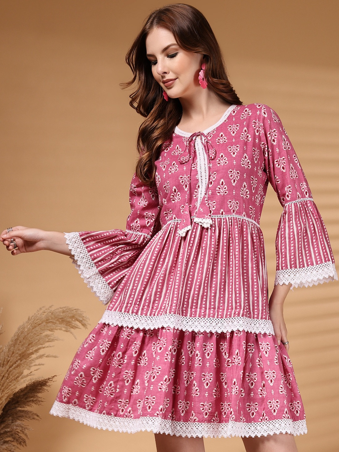 HERE&NOW Women Pink Floral Print Cotton Dress