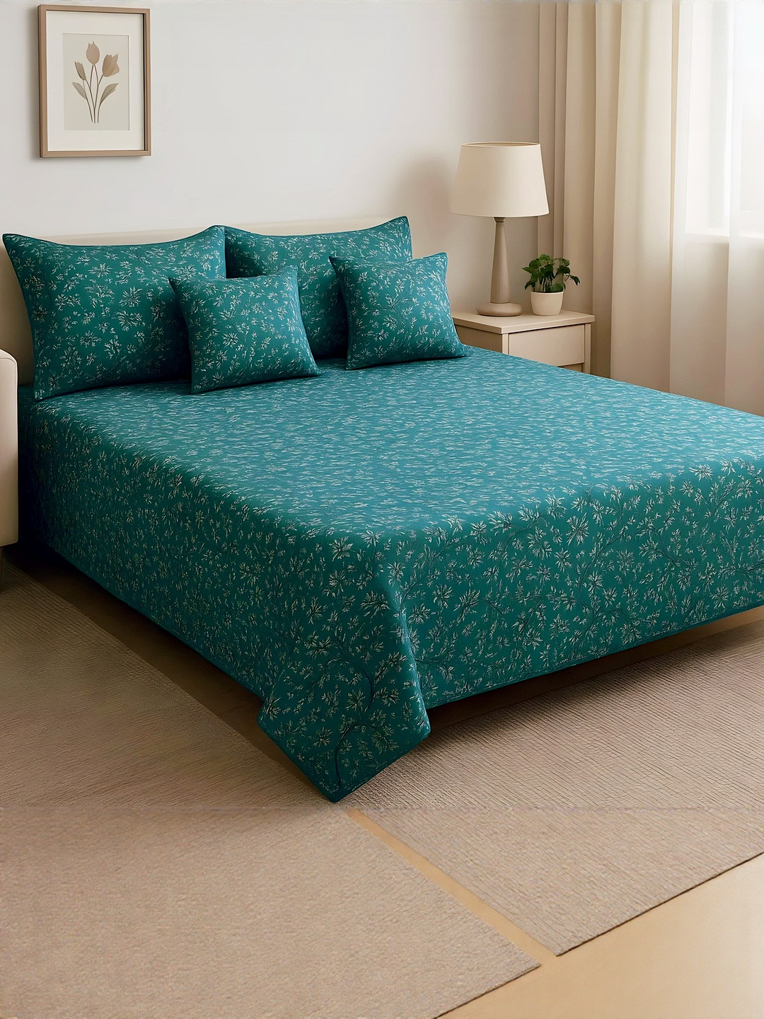 DREAM LIVING 5 Pieces Blue Floral Flat Double Bedsheet with Pillow And Cushion Covers