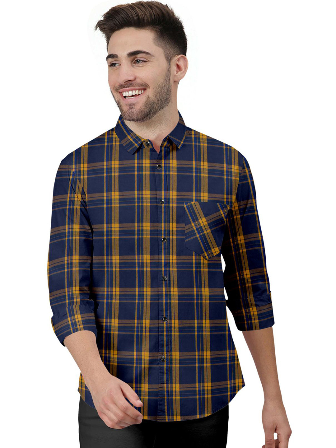 Yellow & Navy Blue Tartan Checks Regular Fit Shirt