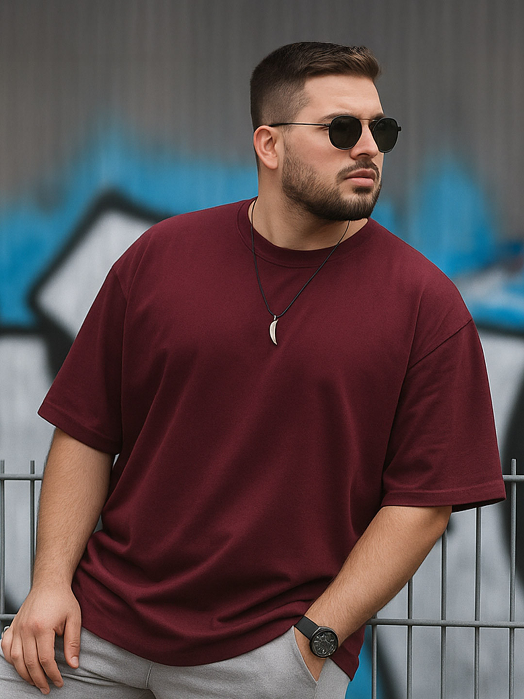 VEIRDO Men Plus Size Solid Round Neck Pure Cotton Maroon Oversized T-Shirt