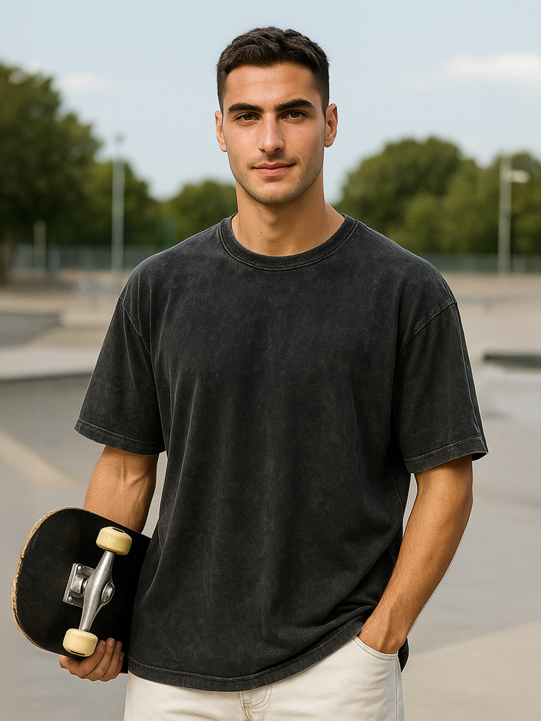 VEIRDO Men Black Acid Wash Printed Drop-Shoulder Sleeves Pure Cotton Oversize T-shirt