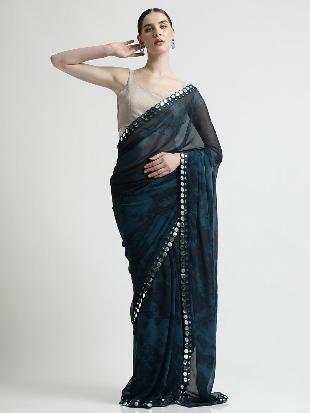 Desi Fusion Mirror Work Pure Georgette Saree