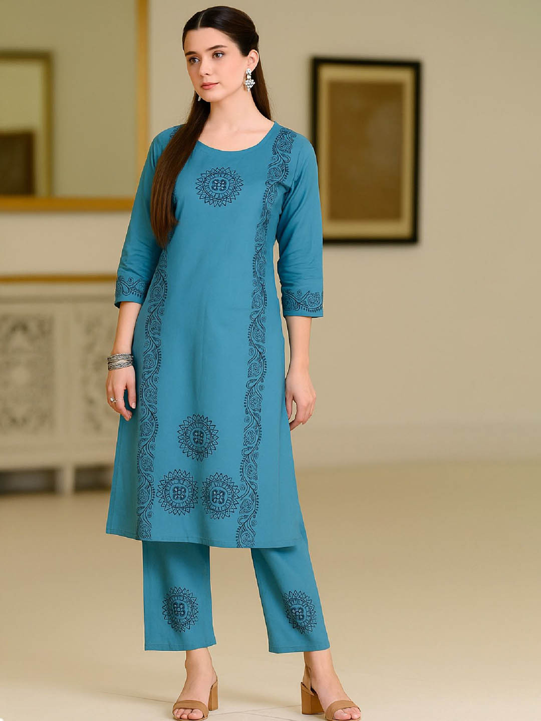 Aasira Floral Printed Round Neck Pure Cotton Block Print Kurta With Trousers