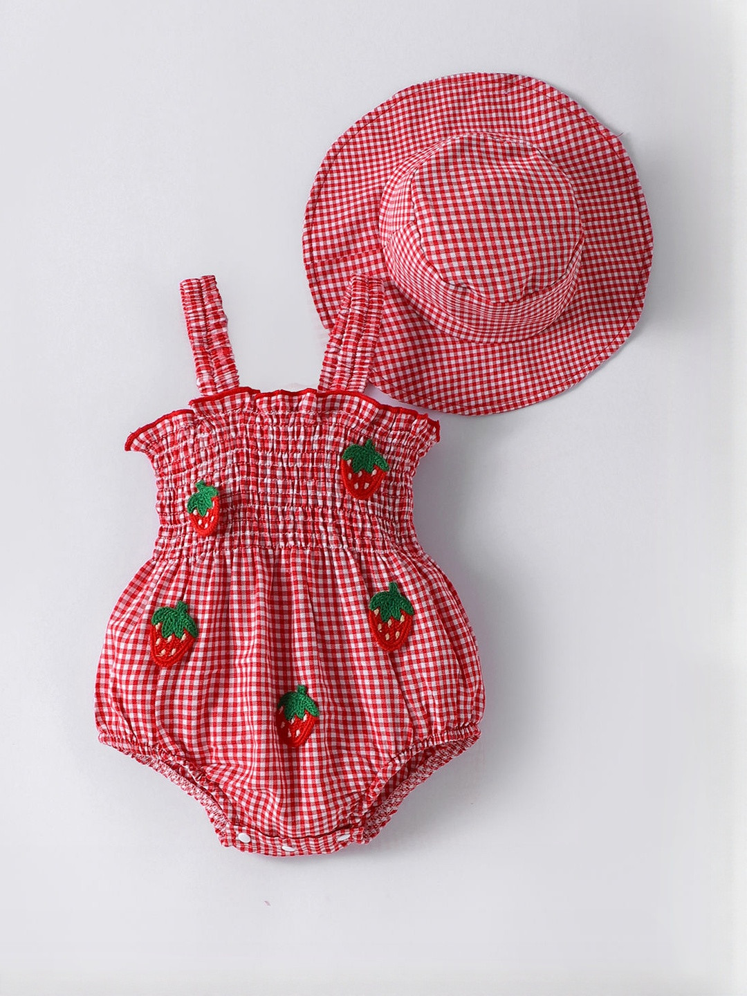 Hopscotch Girls Red Strawberry 3D Applique & Smocked Sleeveless Onesie With Wide Hat