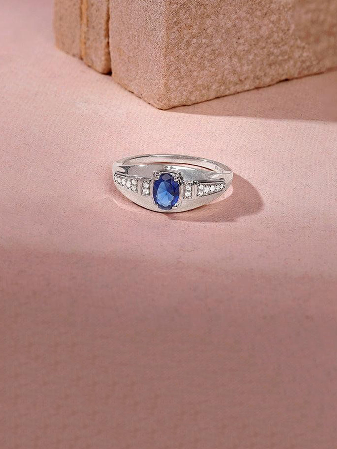 GIVA Men 925 Silver Rhodium-Plated Zircon Studded Sapphire Azure Sentinel Finger Ring