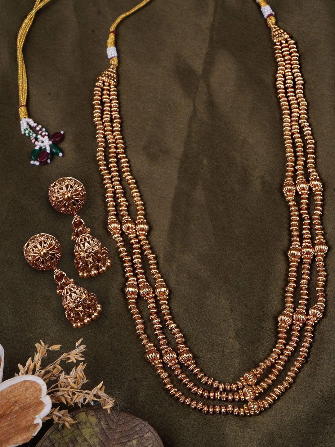 Adwitiya Collection 24CT Gold Plated Beaded Triple Layer Jewellery Set