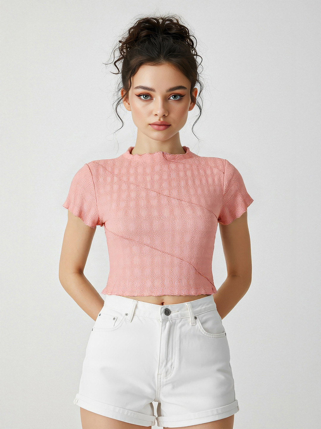 Geometric Self-Design Crop Fitted Top - Pink