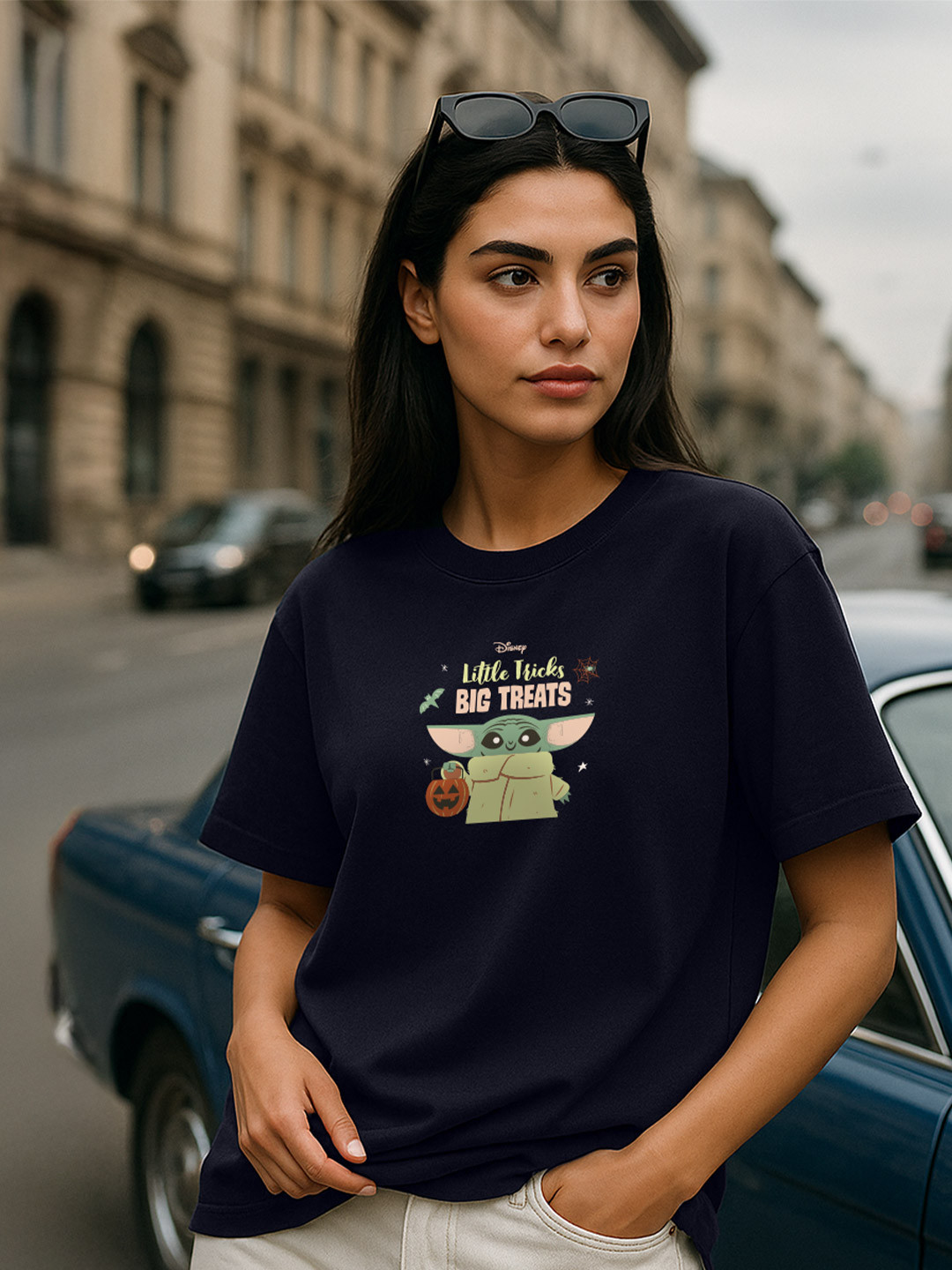 JUNEBERRY Women Grogu Star Wars Navy Blue Printed Round Neck Relaxed Fit Oversized T-shirt