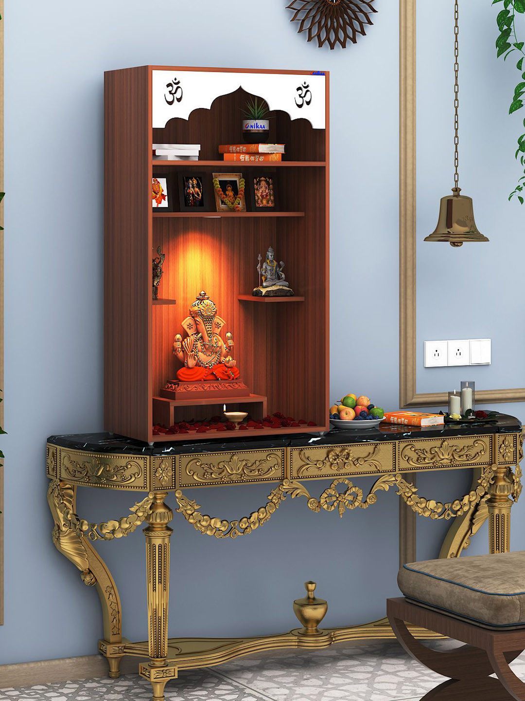 ANIKAA White & Brown Niva Pooja Mandir Laser Cut Om Design Home Temple