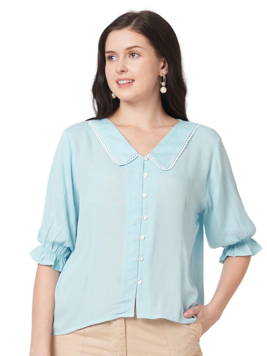 G0-4 IT Peter Pan Collar Puff Sleeve Chiffon Boxy Top