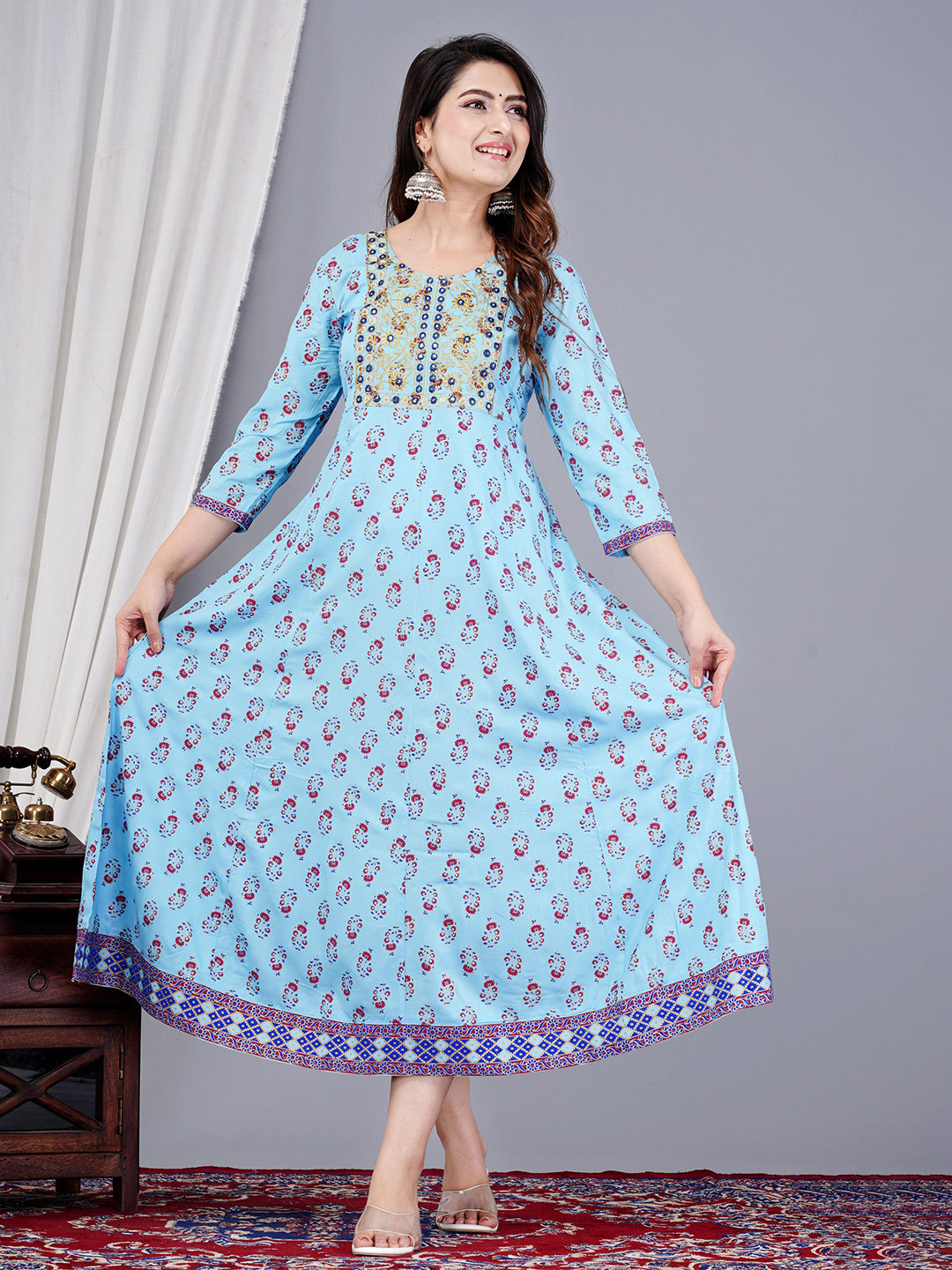 ZELA Floral Printed Round Neck Anarkali Ethnic Dress