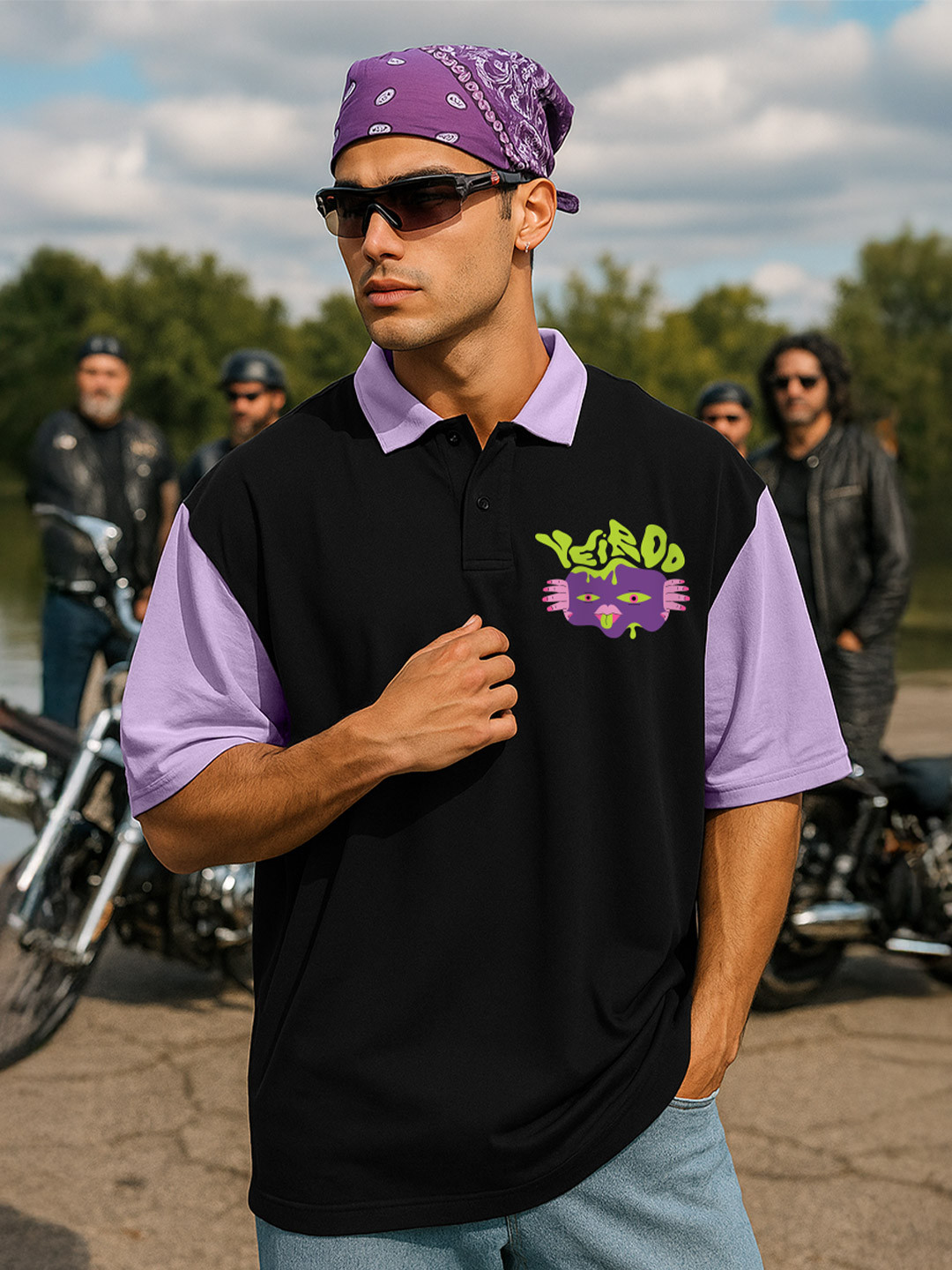 VEIRDO Men Black & Purple Detail Print Drop-Shoulder Pure Cotton Oversized Polo T-shirt