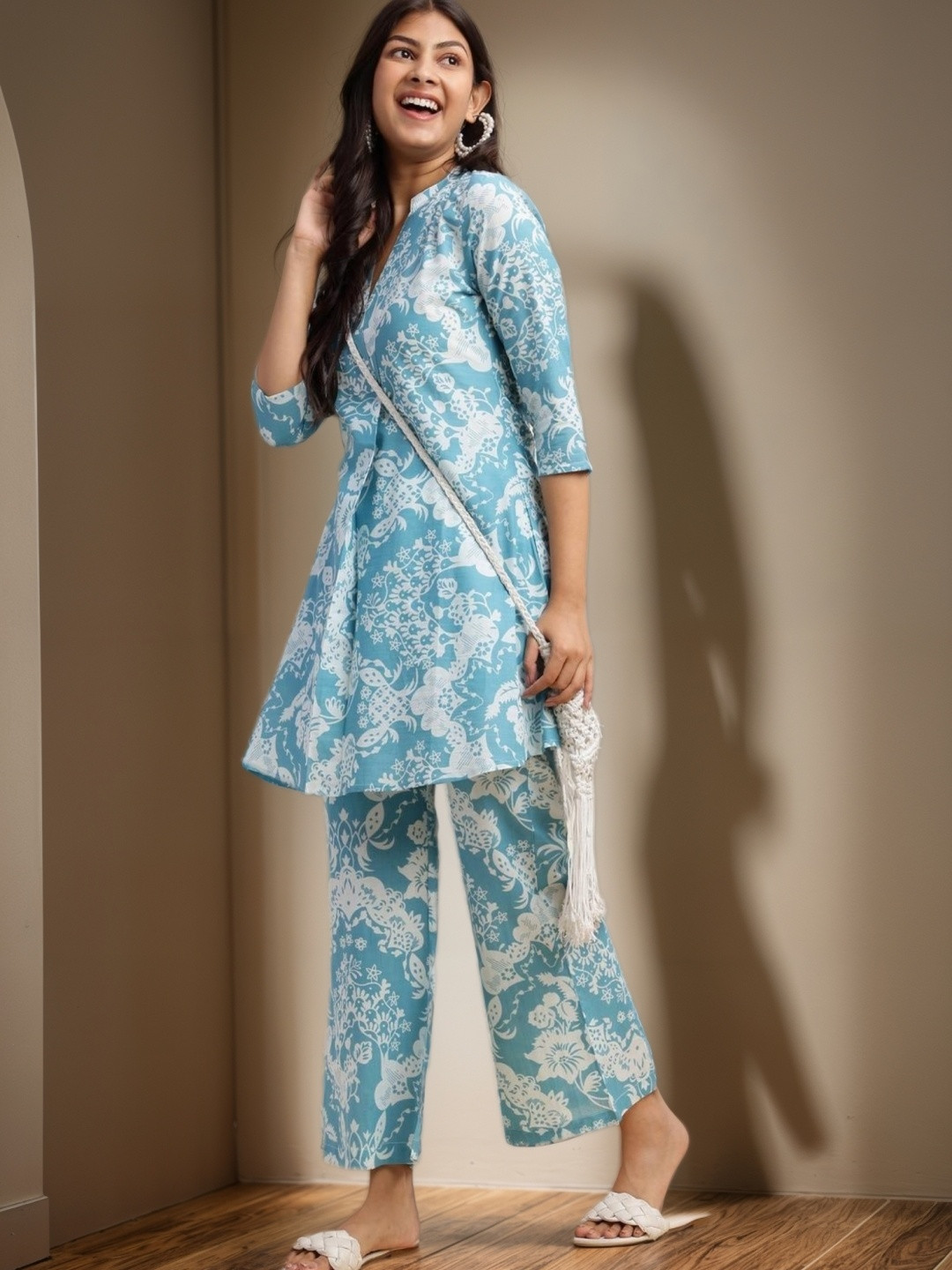 SZN Women Sky Blue Floral Print Flare Cotton Stitched Co Ord Set