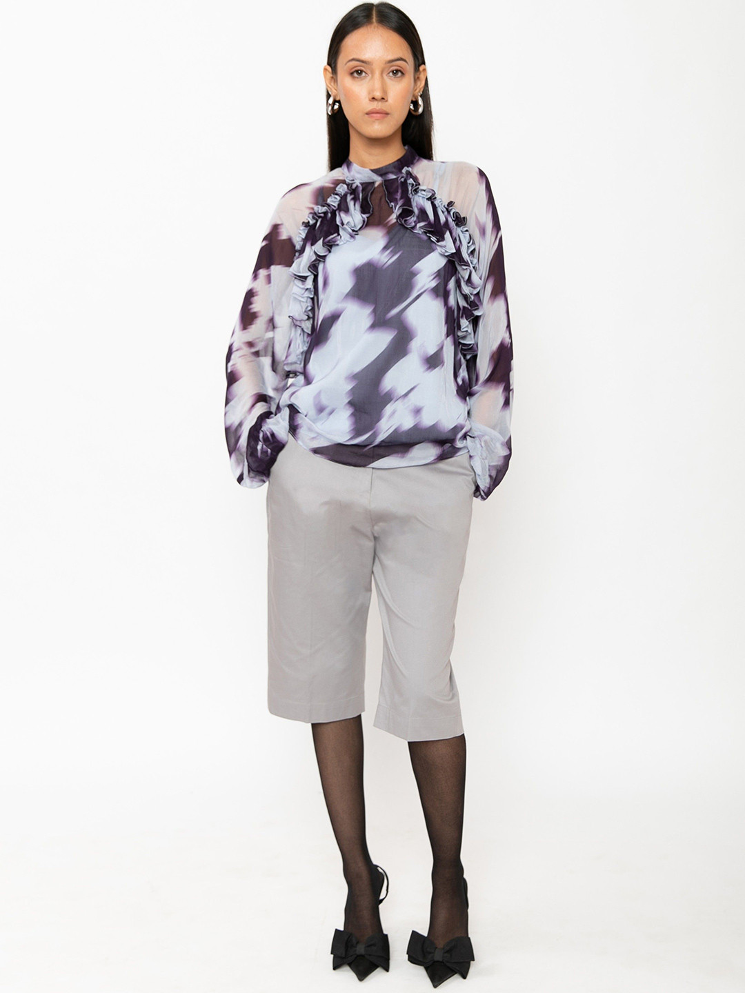 Contemponari Wild Flowers Floral Printed Choker Neck Chiffon Top