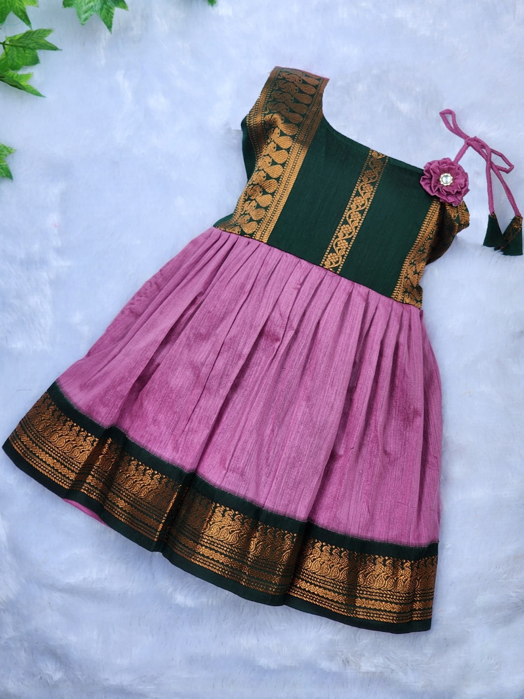 AMBA COLLECTION BOUTIQUE Women Pink Ethnic Kalyani Cotton Flower Knot Frock