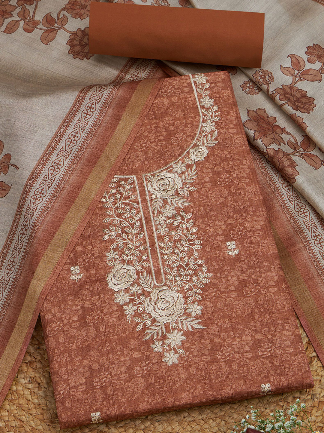 Soch Floral Embroidered Tussar Silk Unstitched Dress Material