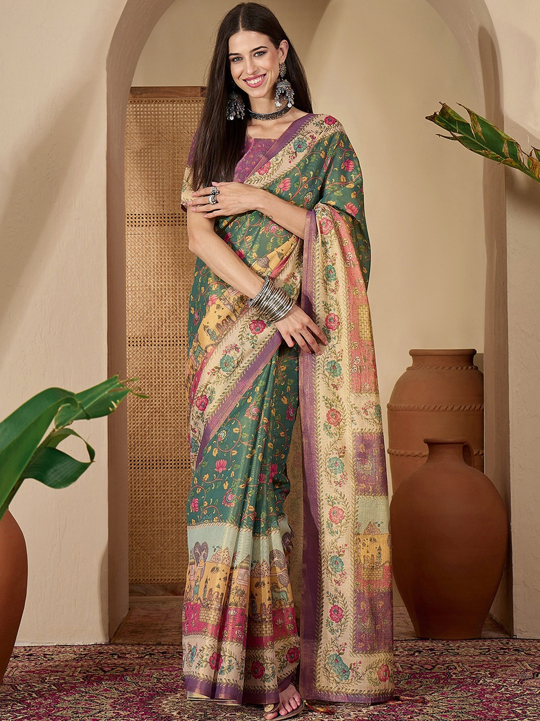 Sangria Green Silk Blend Printed Sarees