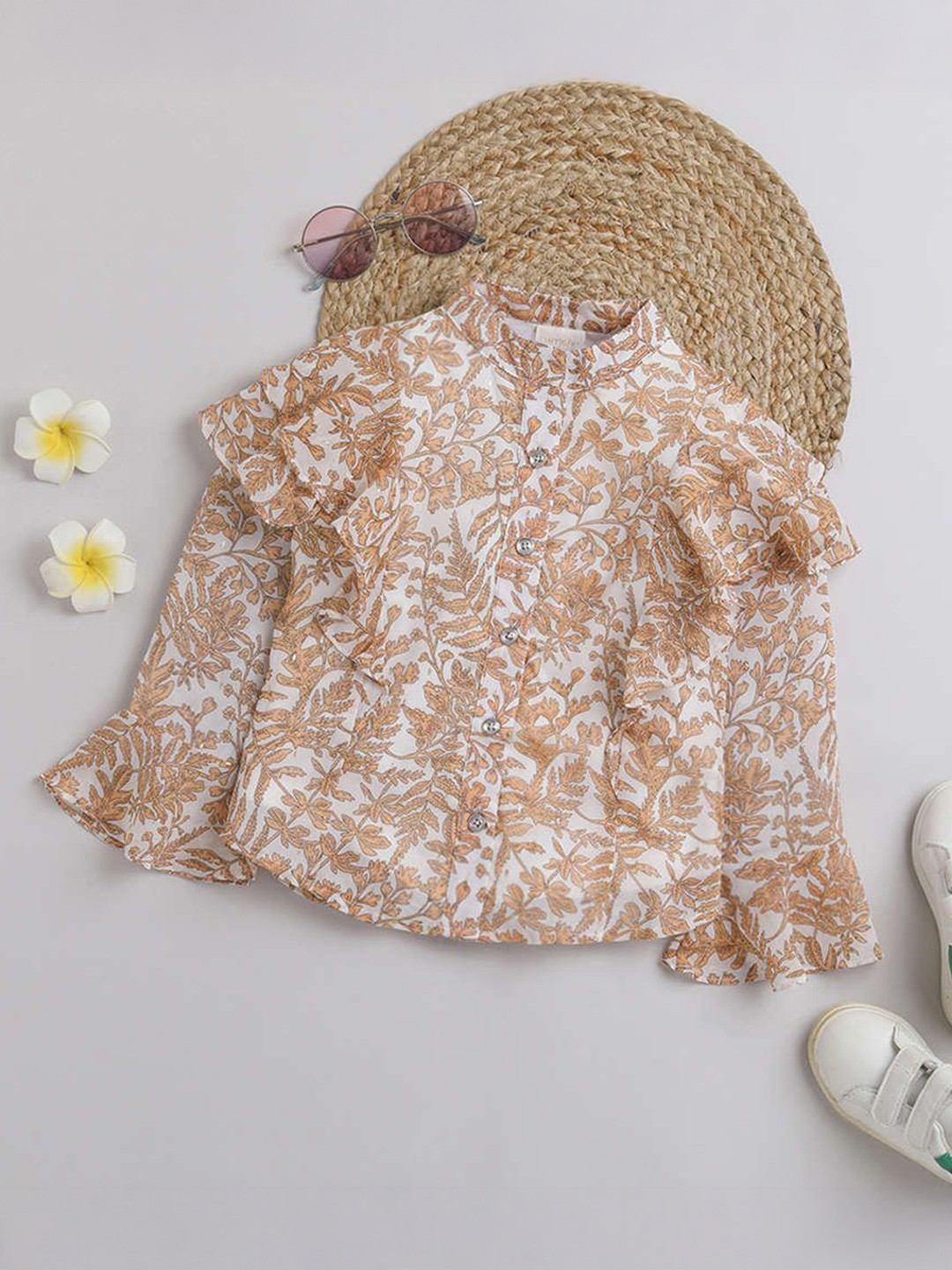 Tiny Girl Girls Floral Printed Mandarin Collar Bell Sleeve Ruffles Shirt Style Top