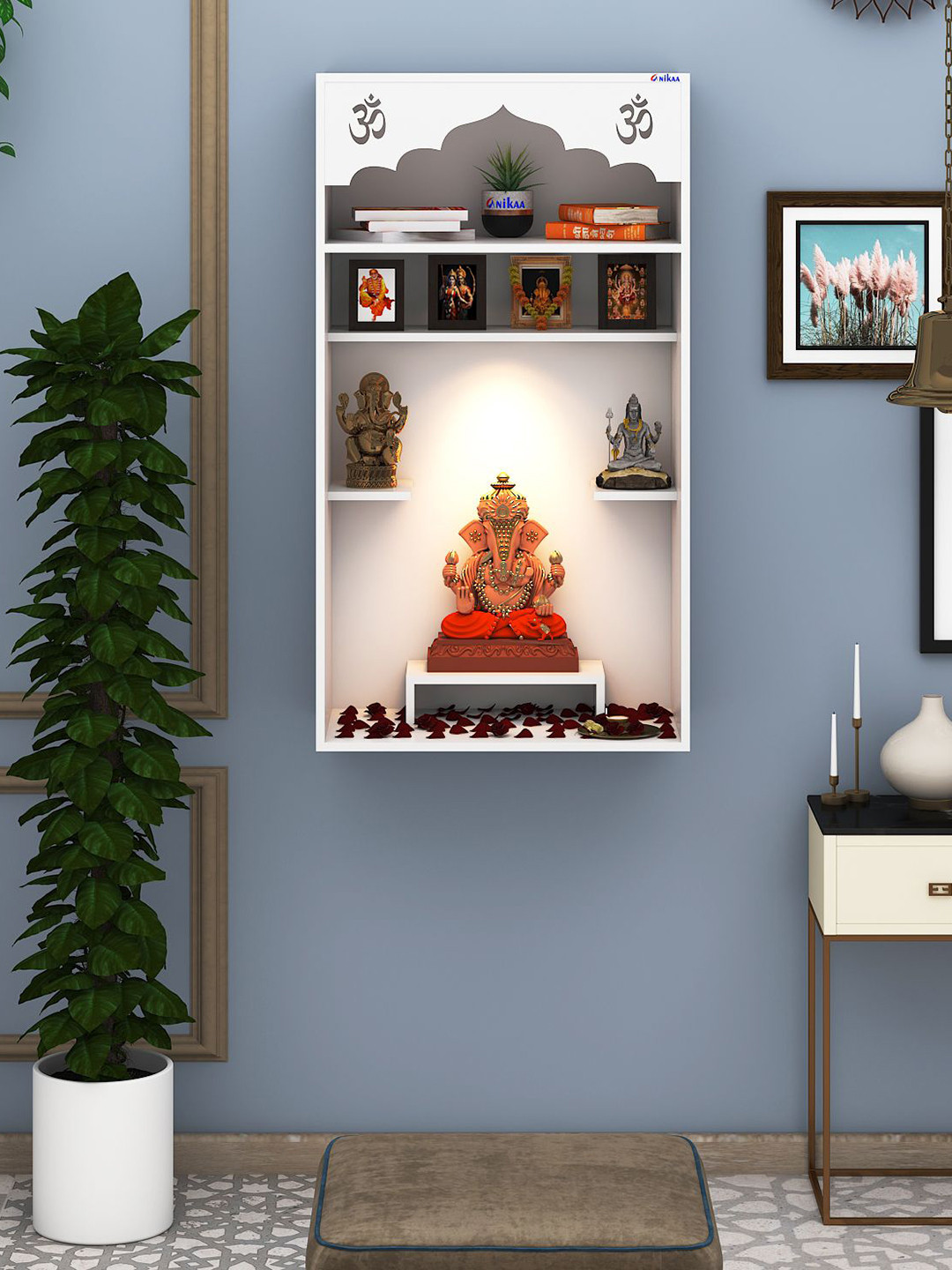 ANIKAA White Niva Pooja Mandir Laser Cut Om Design Home Temple