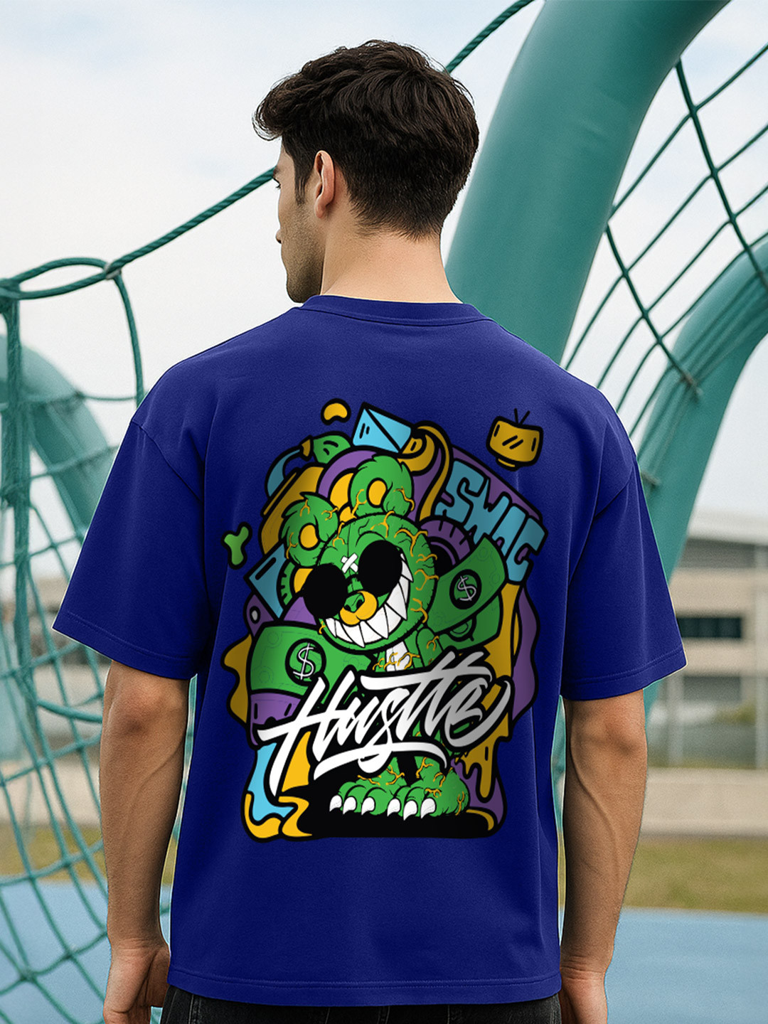 VEIRDO Men Blue Graphic Printed Round Neck Relaxed Fit Pure Cotton Oversized T-Shirt