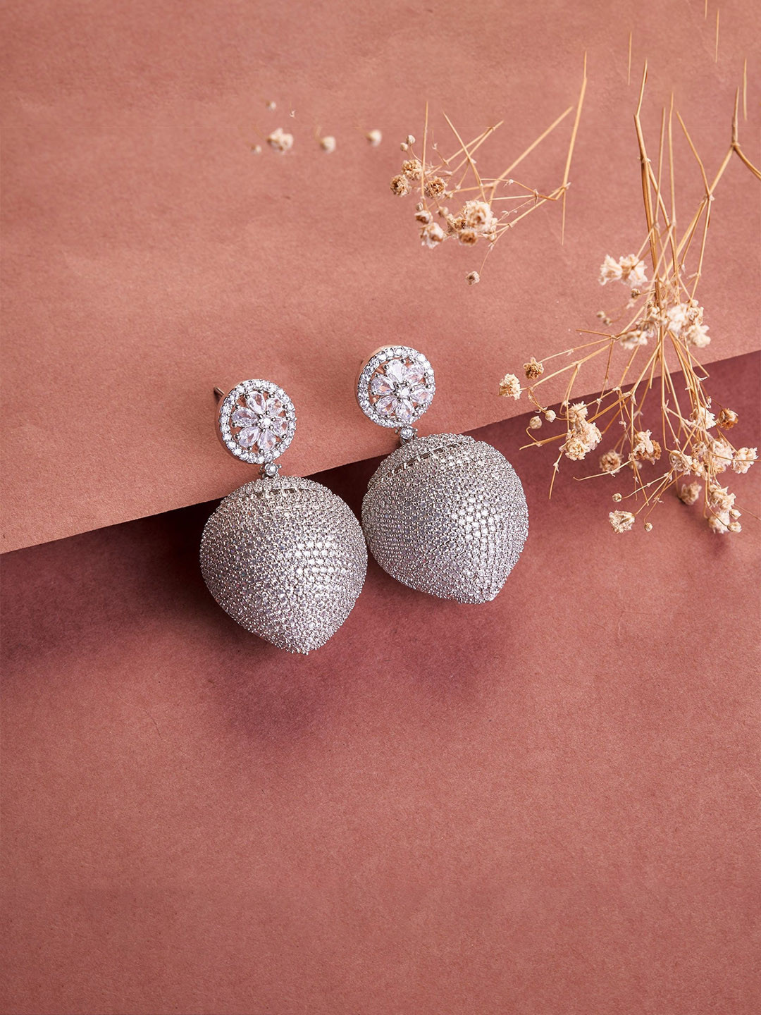 Opal Touch Rhodium Plated Cubic Zirconia Studded Big Apple Shaped Drop Earrings