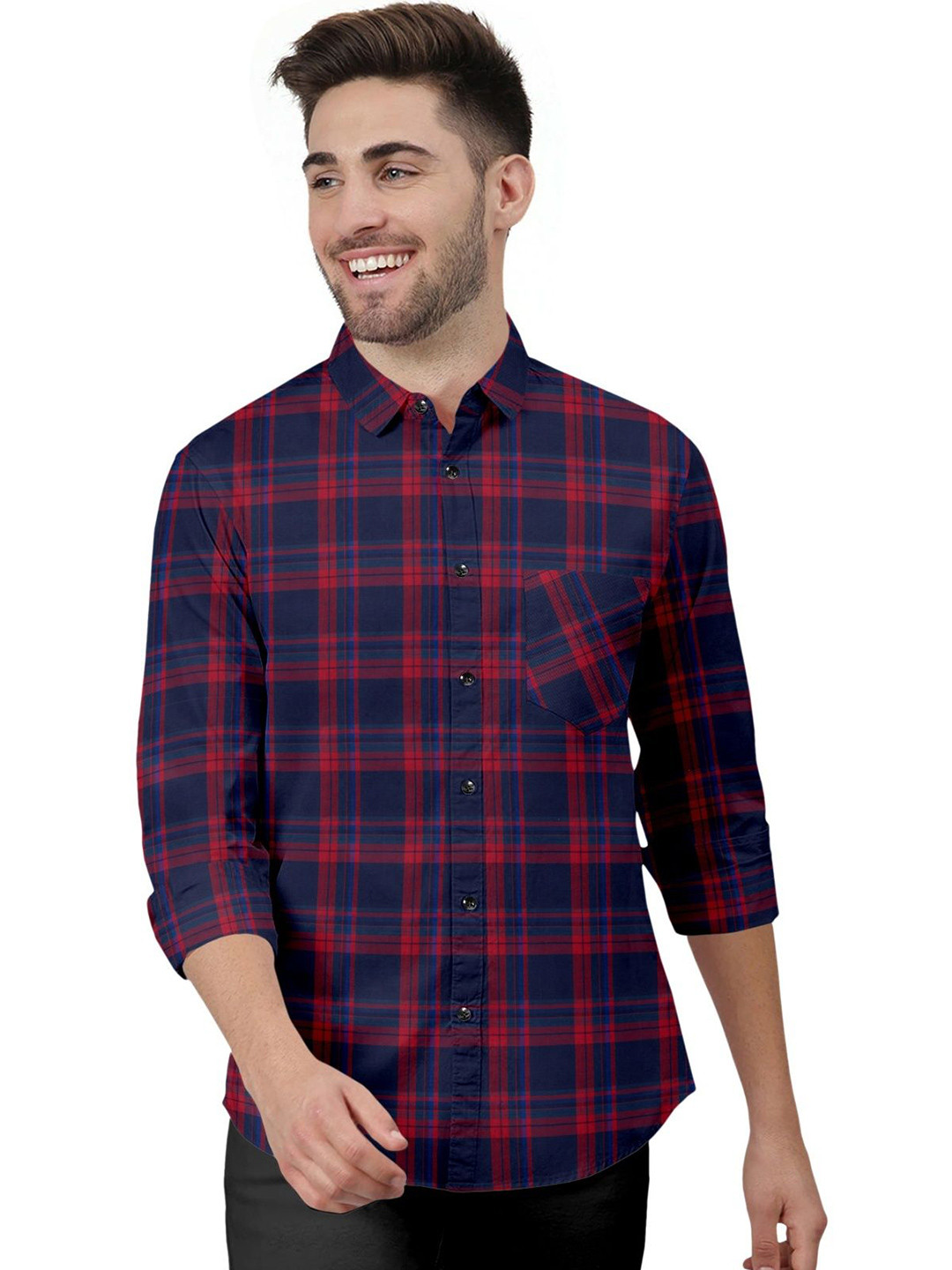 Red & Navy Blue Tartan Checks Casual Shirt