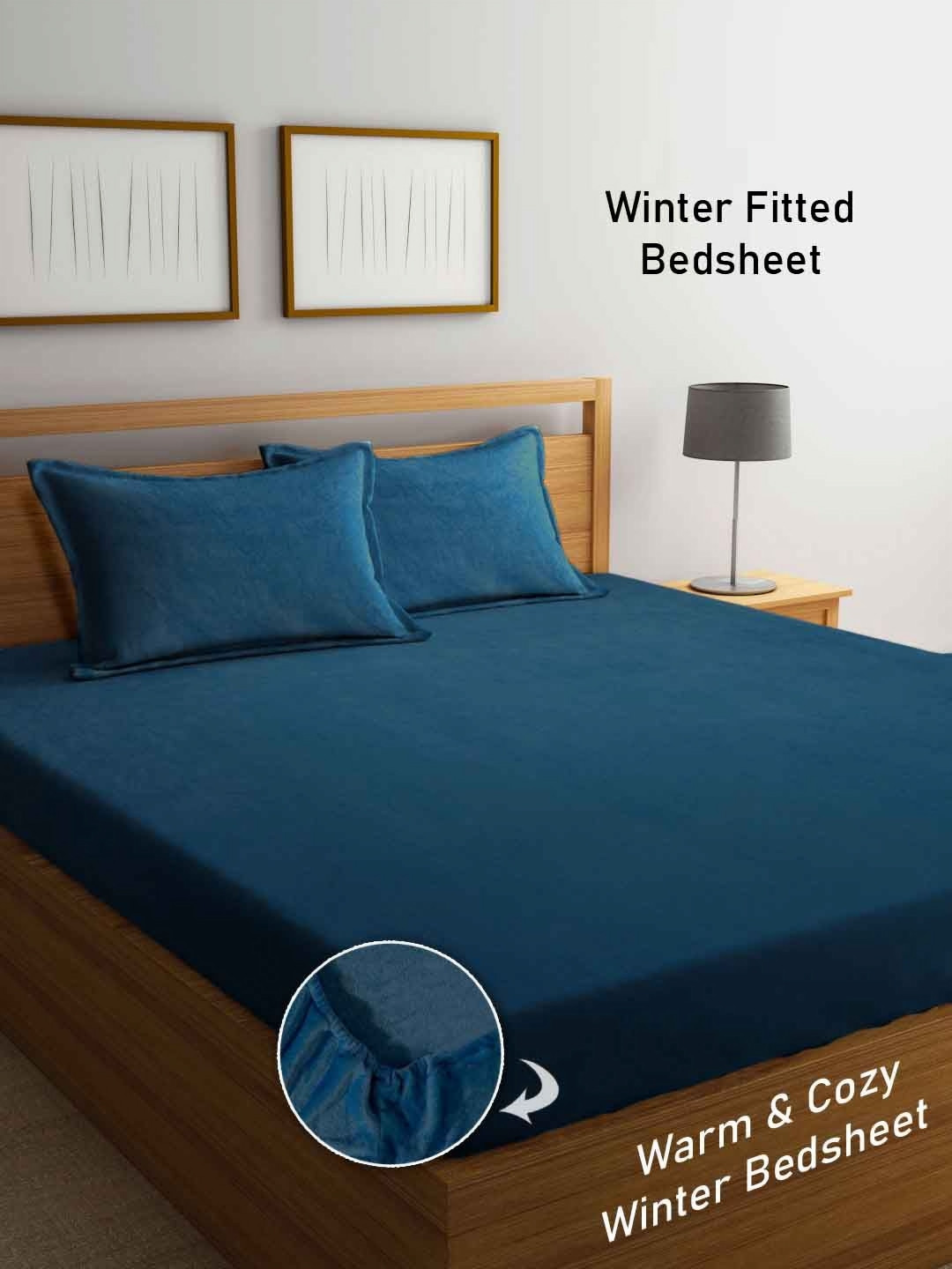Aura Royal Blue Solid Woolen King Size Winter Fitted Bedsheet & 2 Pillow Cover 2.35mX2.15m