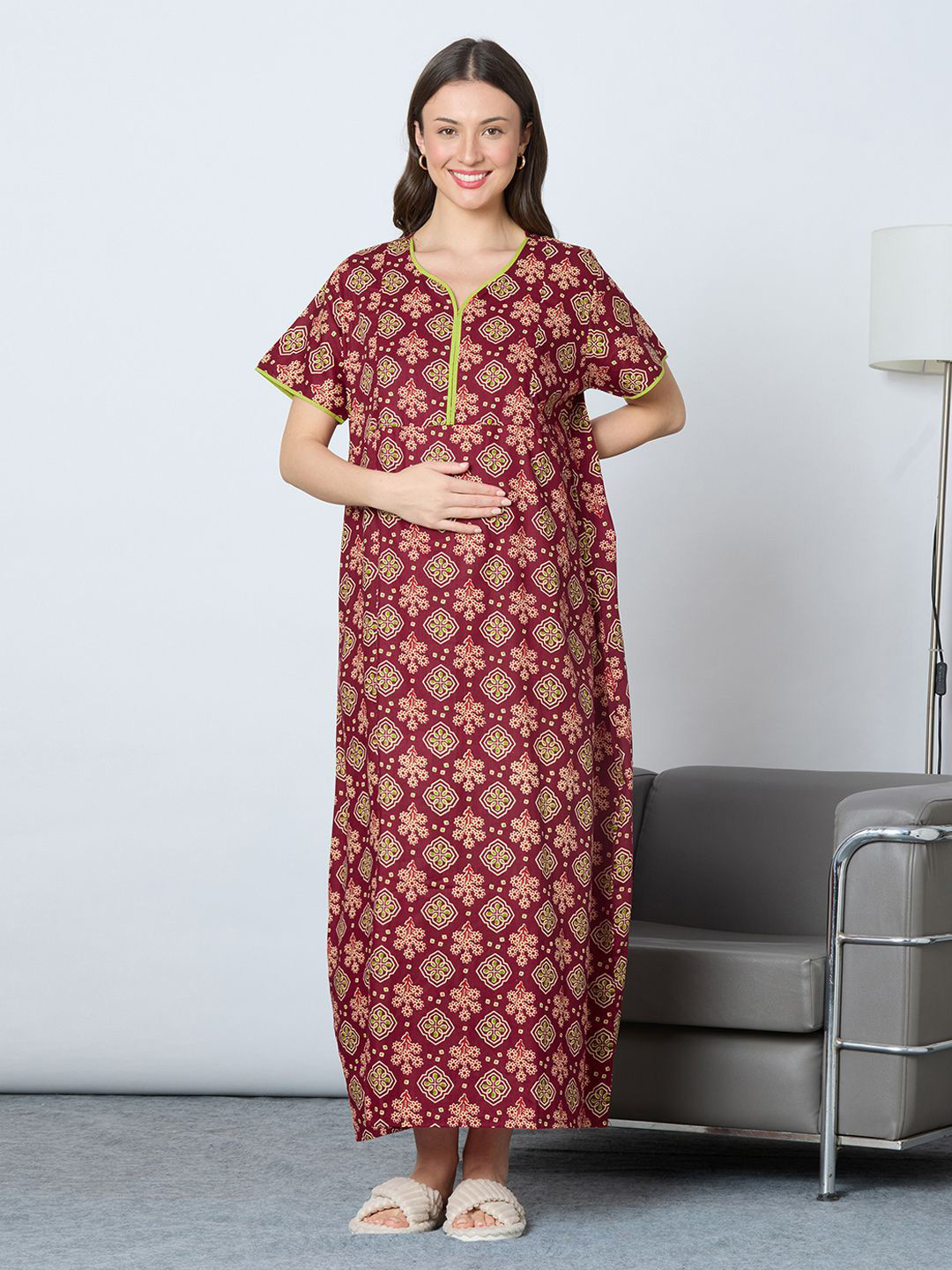 MomToBe Women Claret Wine Cotton Feeding Nighty